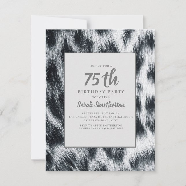 Elegant Black White Cheetah Leopard 75th birthday Invitation (Front)