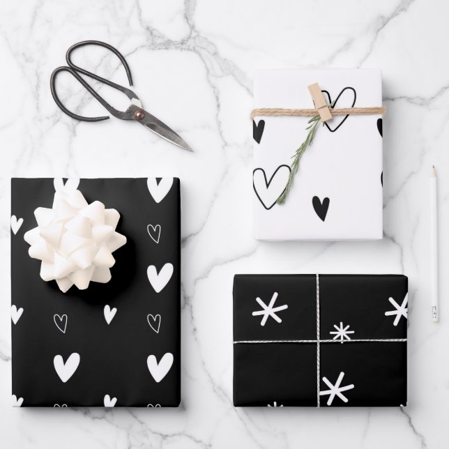 Elegant Black & White Christmas Hearts Snowflakes  Wrapping Paper Sheets (Front)
