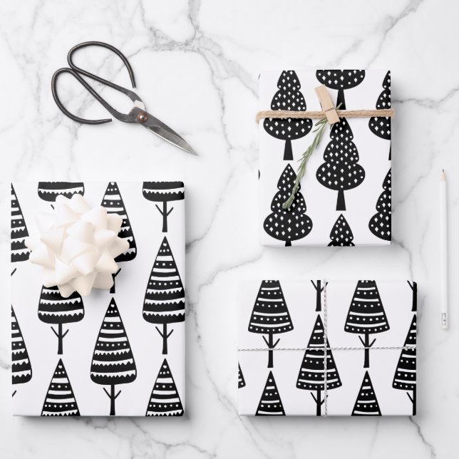 Elegant Black White Christmas Holiday Trees  Wrapping Paper Sheets (Front)