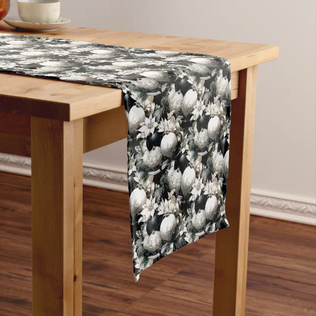 Elegant black white Christmas ornament pattern Medium Table Runner | Zazzle
