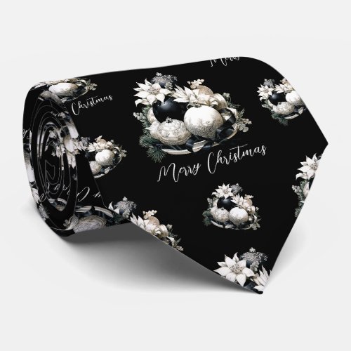 Elegant black white Christmas ornament pattern Neck Tie