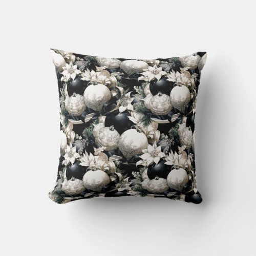 Elegant black white Christmas ornament pattern Throw Pillow