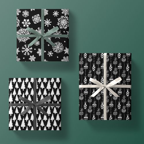 Elegant Black White Christmas Pattern Trio Gift Wrapping Paper Sheets