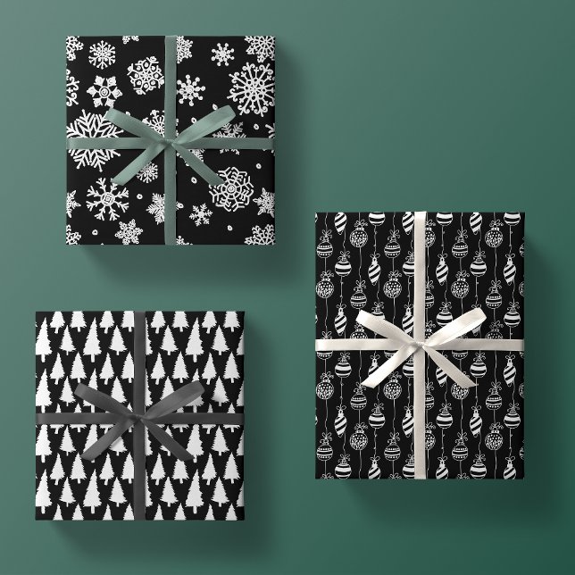 Elegant Black White Christmas Pattern Trio Gift Wrapping Paper Sheets (Creator Uploaded)