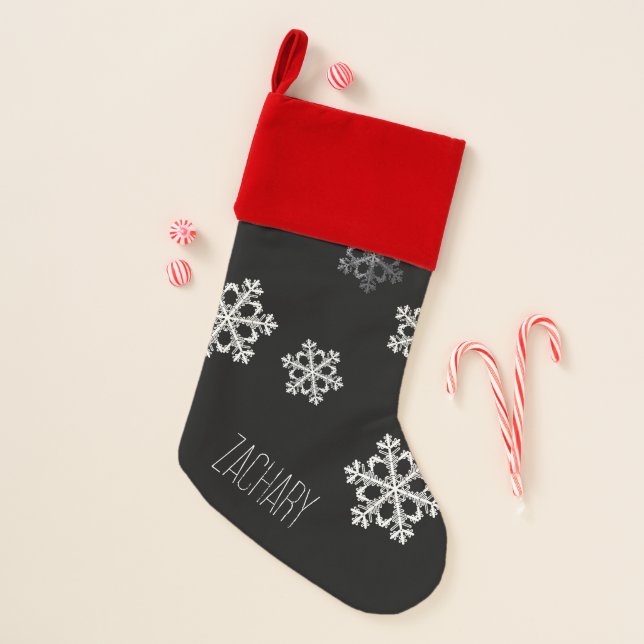 Elegant Black White Christmas Snowflake Name Stocking (Front)