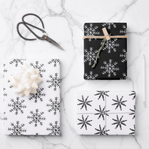Elegant Black White Christmas Snowflake Pattern Wrapping Paper Sheets