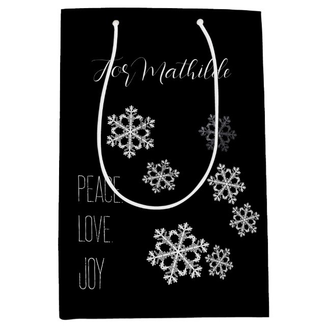 Elegant Black White Christmas Snowflake Script Medium Gift Bag (Front)