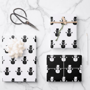 Elegant Black White Christmas Snowman Pattern Gift Wrapping Paper Sheets