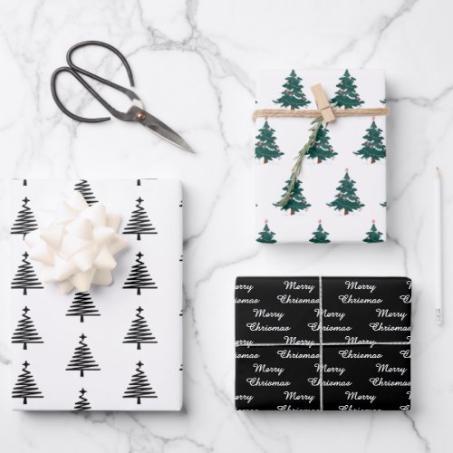 Elegant Black White Christmas Tree Pattern Gift Wr Wrapping Paper Sheets