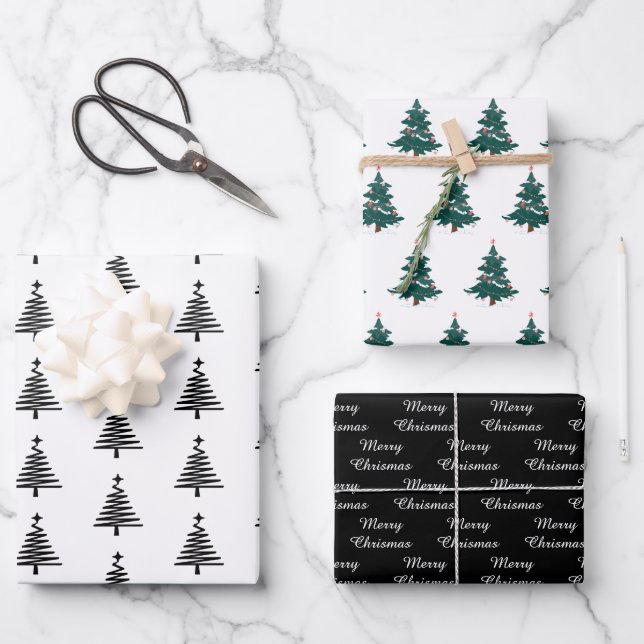 Elegant Black White Christmas Tree Pattern Gift Wr Wrapping Paper Sheets (Front)