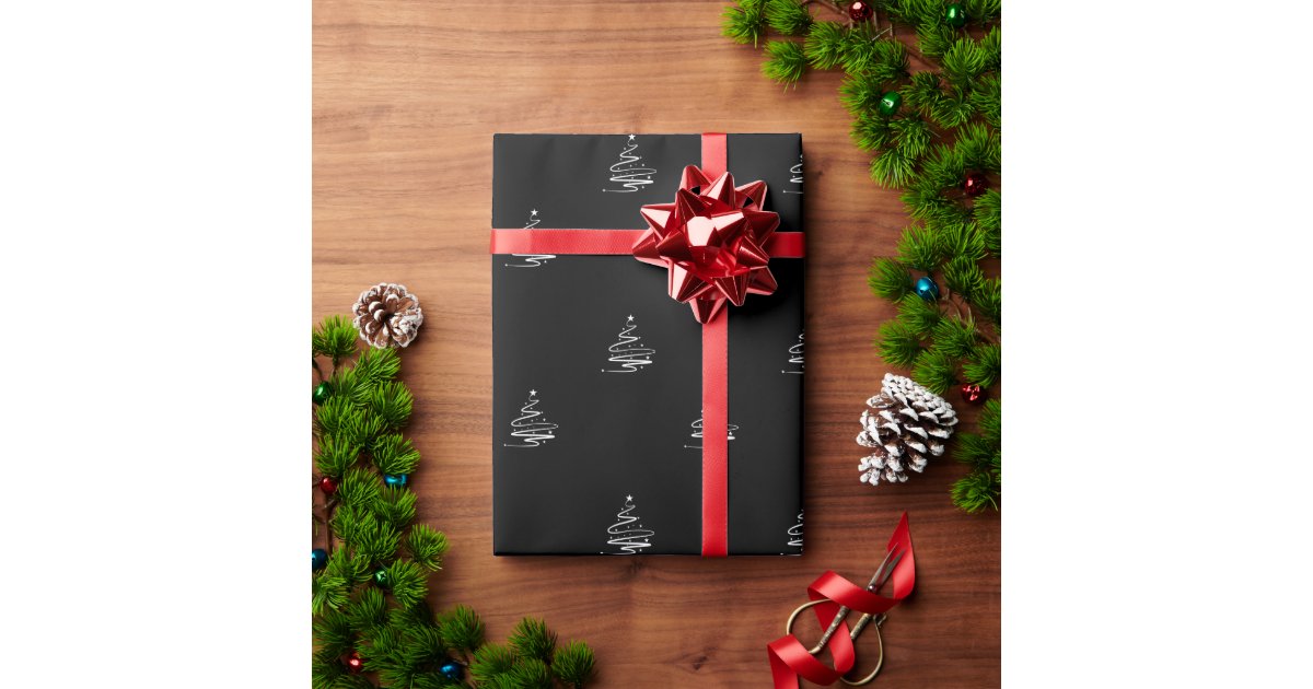 Elegant Black White Christmas Tree Pattern Gift Wrapping Paper
