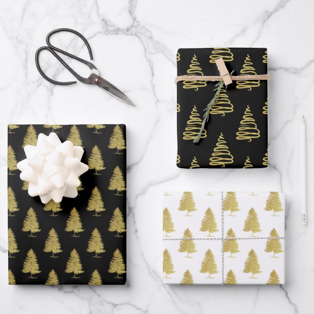 Elegant Black White Christmas Tree Pattern Gift Wrapping Paper Sheets (Front)