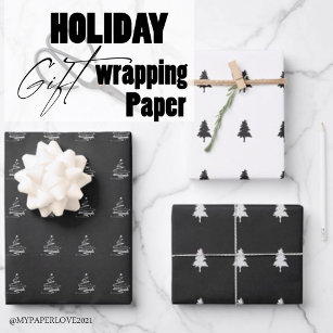 Elegant Black White Christmas Tree Pattern Gift Wrapping Paper Sheets