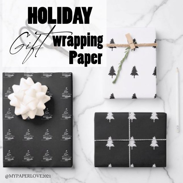 Elegant Black White Christmas Tree Pattern Gift Wrapping Paper Sheets (Creator Uploaded)