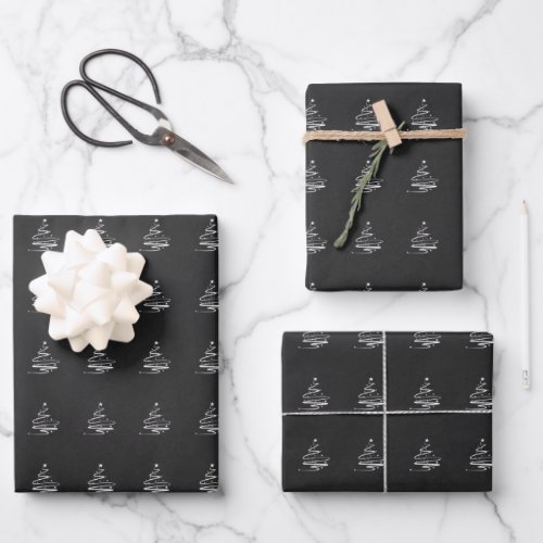 Elegant Black White Christmas Tree Pattern Gift Wrapping Paper Sheets