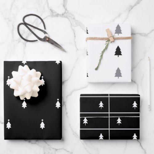 Elegant Black White Christmas Tree Pattern Gift Wrapping Paper Sheets