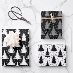 Elegant Black White Christmas Tree Pattern Glitter Wrapping Paper Sheets