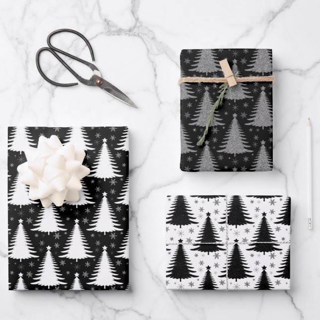 Elegant Black White Christmas Tree Pattern Glitter Wrapping Paper Sheets (Front)