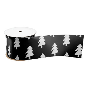 Elegant Black & White Christmas Tree Pattern Satin Ribbon
