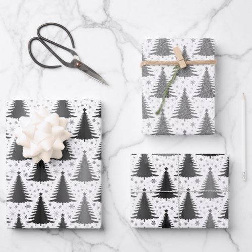 Elegant Black White Christmas Tree Pattern Wrapping Paper Sheets
