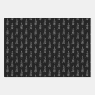 Elegant Black White Christmas Tree Pattern Wrapping Paper Sheets