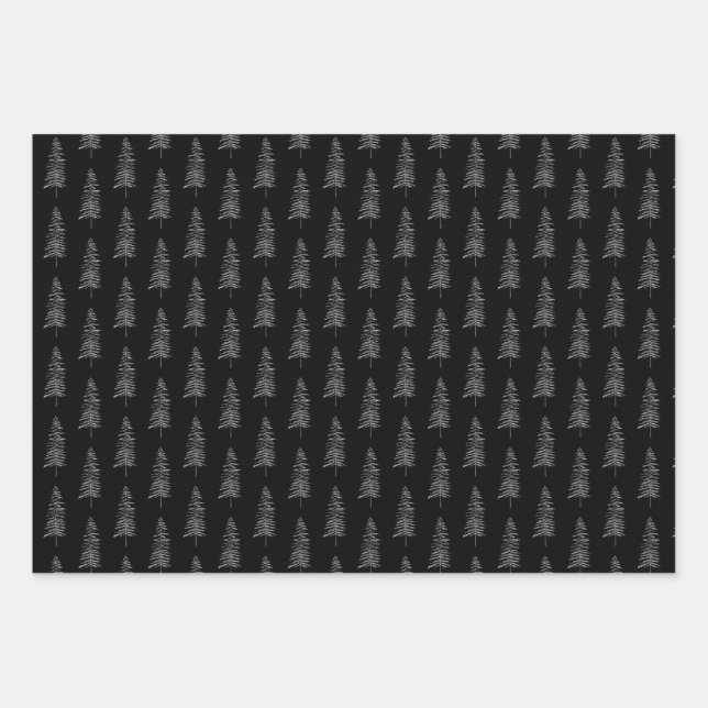 Elegant Black White Christmas Tree Pattern  Wrapping Paper Sheets (Front 3)