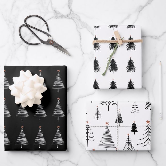 Elegant Black White Christmas Tree Pattern Wrapping Paper Sheets (Front)