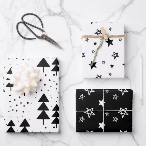 Elegant Black  White Christmas Trees Stars  Wrapping Paper Sheets