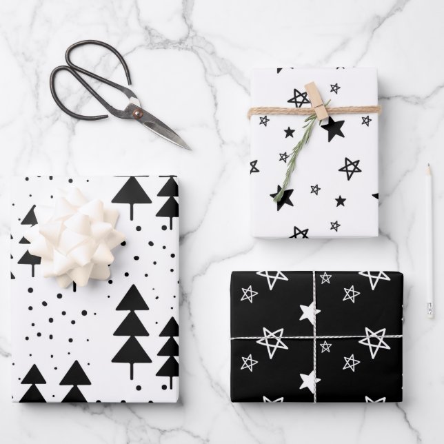 Elegant Black & White Christmas Trees Stars  Wrapping Paper Sheets (Front)