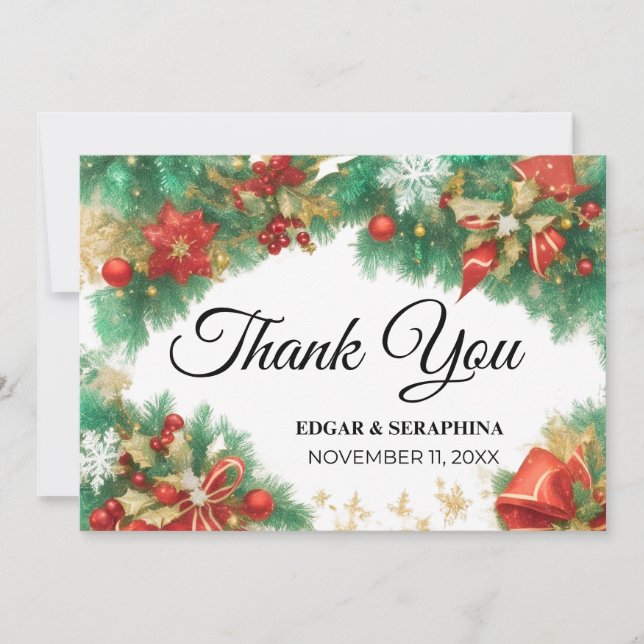 Elegant Black White Christmas Wedding Thank You (Front)