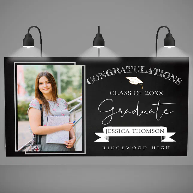 Elegant Black White Class Of 2025 Photo Graduation Banner | Zazzle