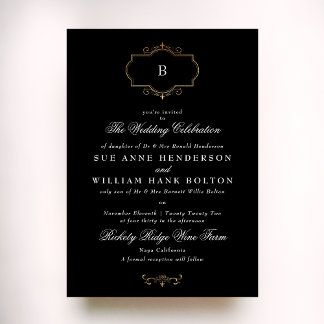 elegant black white classic gold monogram wedding invitation