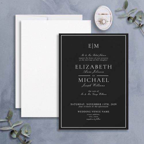 Elegant Black White Classic Monogram Wedding Invitation