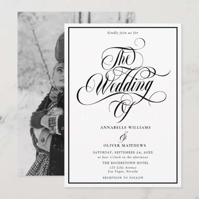 Elegant Black & White Classic Photo Wedding  Invitation (Front/Back)