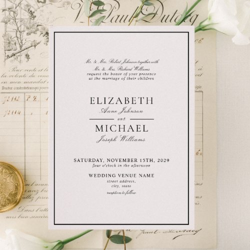 Elegant Black  White Classic Script Wedding Invitation