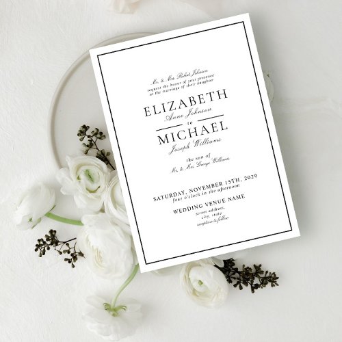 Elegant Black  White Classic Script Wedding Invitation