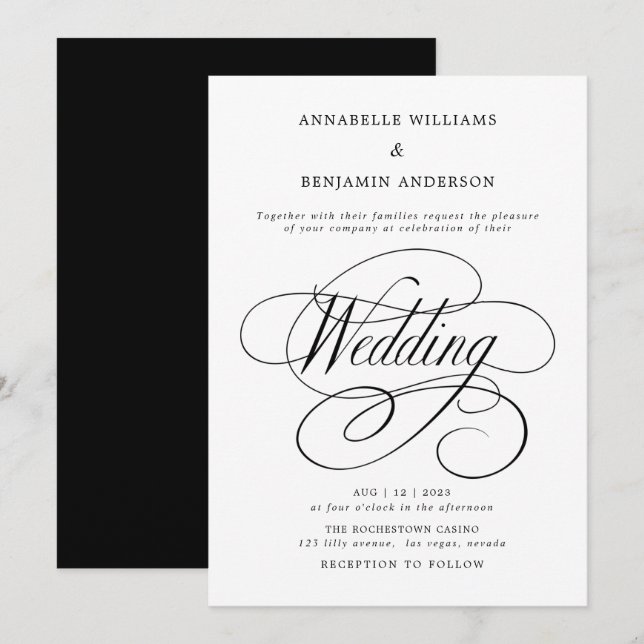 Elegant Black & White Classic Wedding Invitation (Front/Back)
