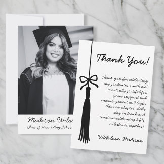 Elegant Black & White Coquette Graduation Photo Thank You Card