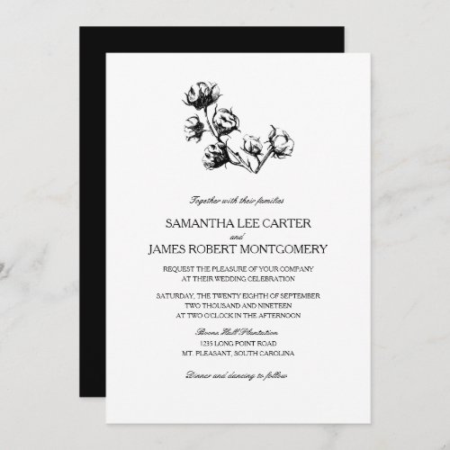 Elegant Black White Cotton Boll Plant Wedding Invitation