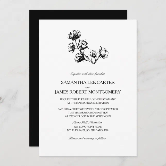 Elegant Black White Cotton Boll Plant Wedding Invitation | Zazzle