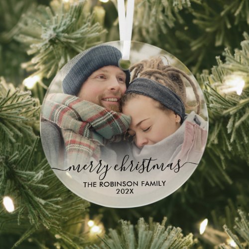 Elegant Black White Couple Photo Merry Christmas   Glass Ornament