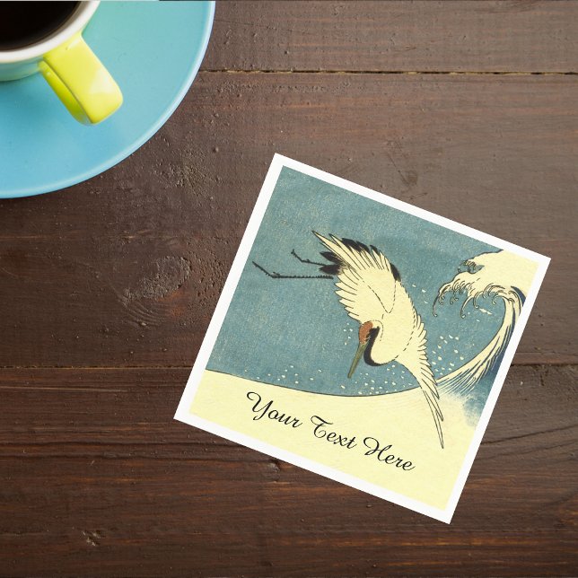 Elegant Black White Crane Flying over Ocean Wave Napkins (White crane bird flying over large ocean wave in blue sky on napkins.)
