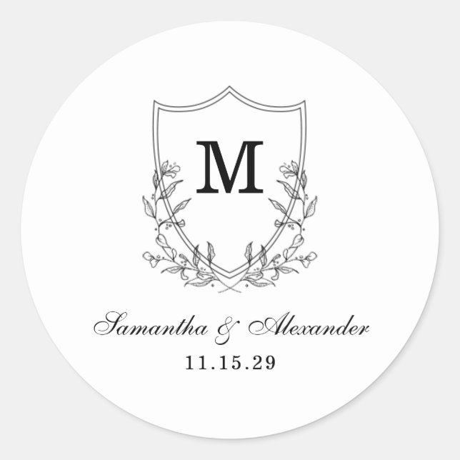 Elegant Black & White Crest Classic Round Sticker (Front)