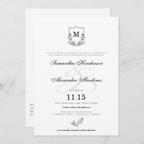 Elegant Black  White Crest Details  QR Wedding Invitation