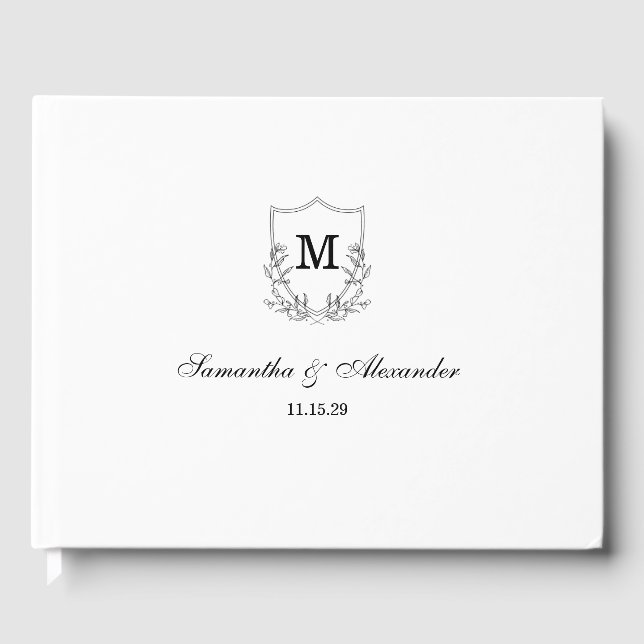 Elegant Black & White Crest Guest Book (Front)
