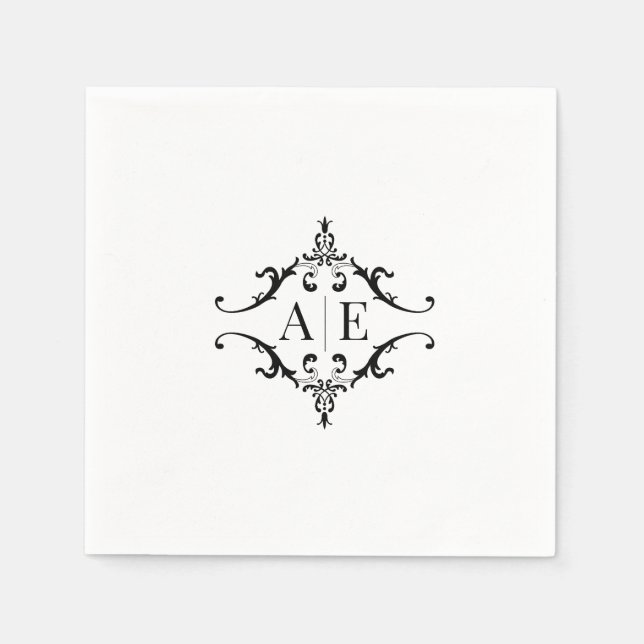 Elegant Black & White Crest Monogram Wedding  Napkins (Front)