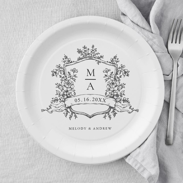 Elegant Black & White Crest Monogram Wedding Paper Plates (Creator Uploaded)