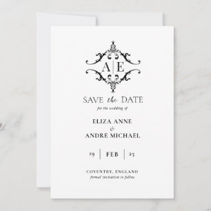 Elegant Black & White Crest Monogram Wedding Save The Date