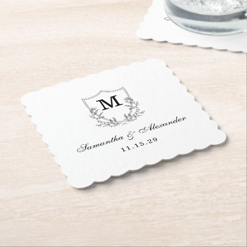 Elegant Black  White Crest Paper Coaster