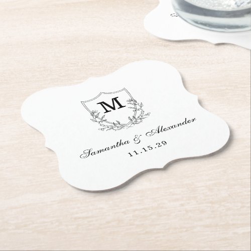 Elegant Black  White Crest Paper Coaster